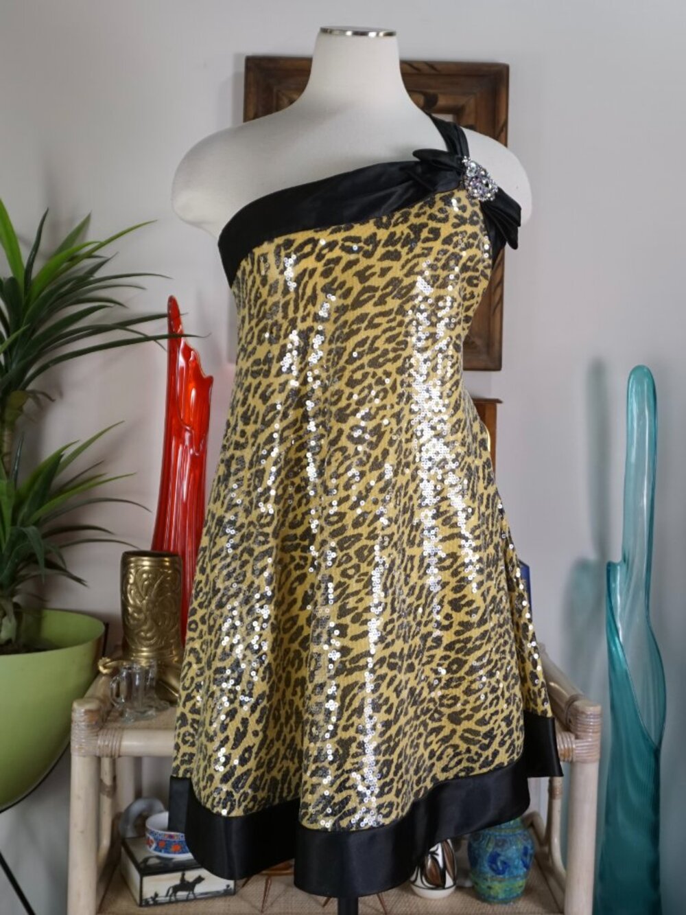 Y2k Mac Duggal sequin leopard cheetah one shoulder a line formal dress